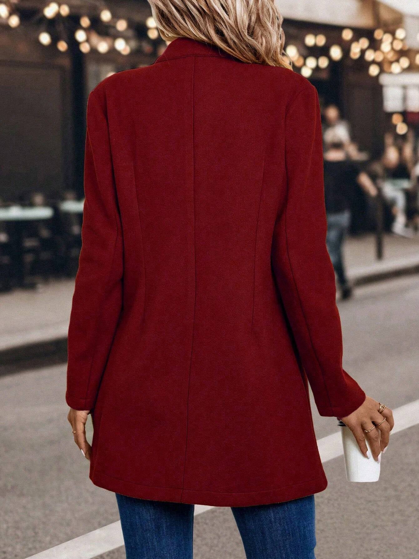 Solid Color Woolen Coat with Single Breasted Button
