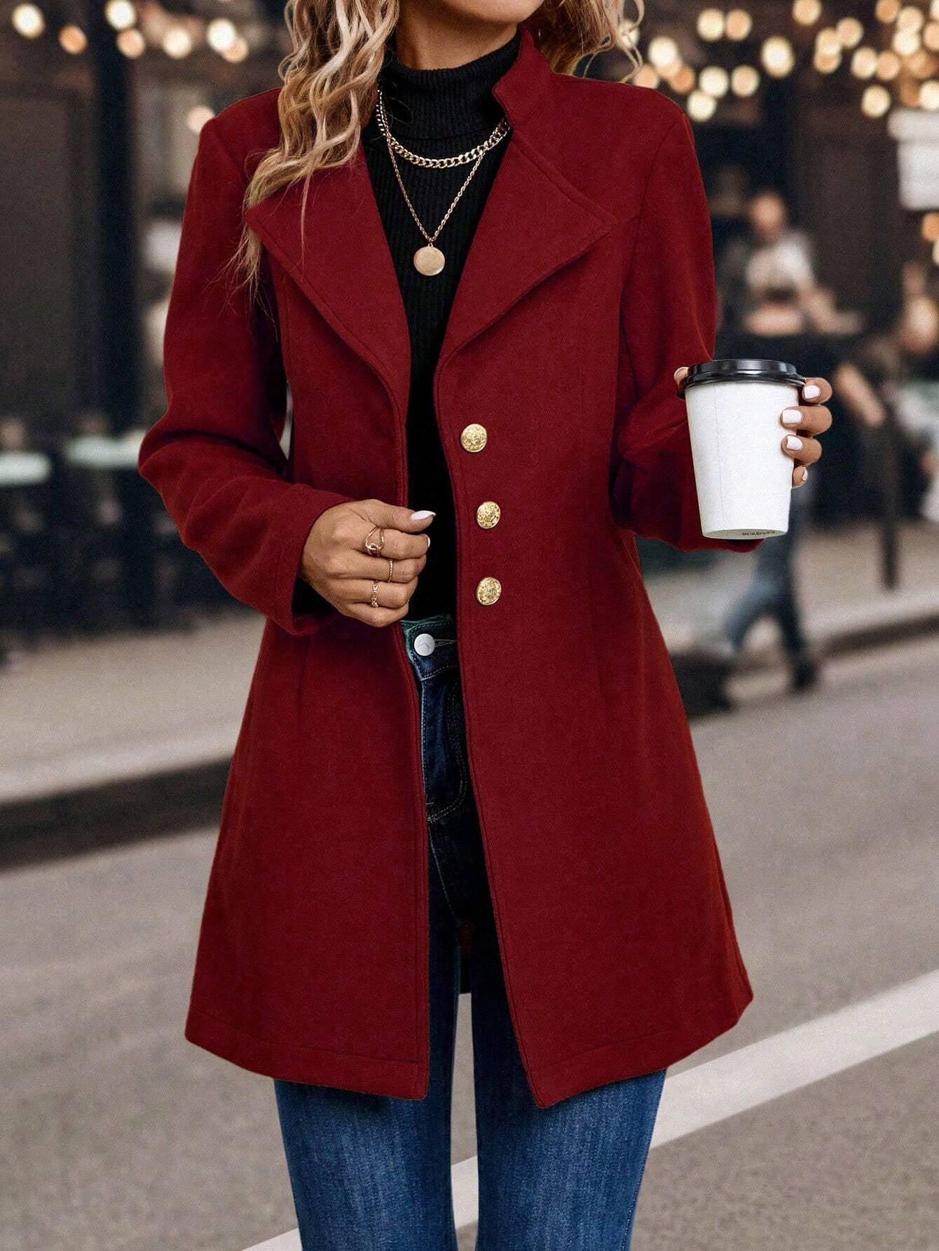 Solid Color Woolen Coat with Single Breasted Button