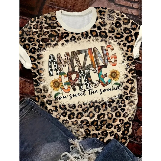 2024 New Style T-Shirt for Women Leopard Print Heart Print Female Oversized T-Shirt Summer Women Clothing Short Sleeve Fashion
