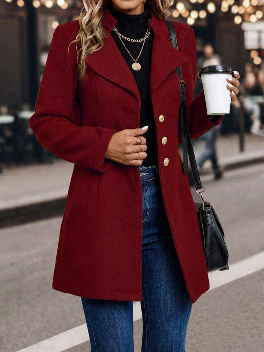 Solid Color Woolen Coat with Single Breasted Button