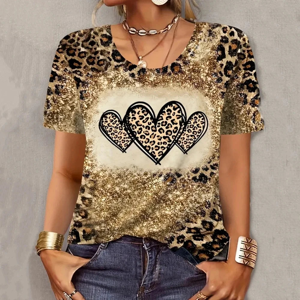 2024 New Style T-Shirt for Women Leopard Print Heart Print Female Oversized T-Shirt Summer Women Clothing Short Sleeve Fashion