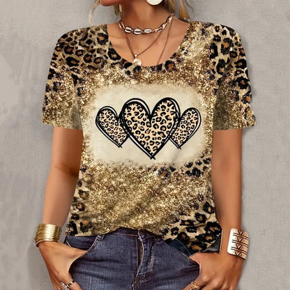 2024 New Style T-Shirt for Women Leopard Print Heart Print Female Oversized T-Shirt Summer Women Clothing Short Sleeve Fashion